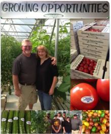 A couple smiling in large greenhouse